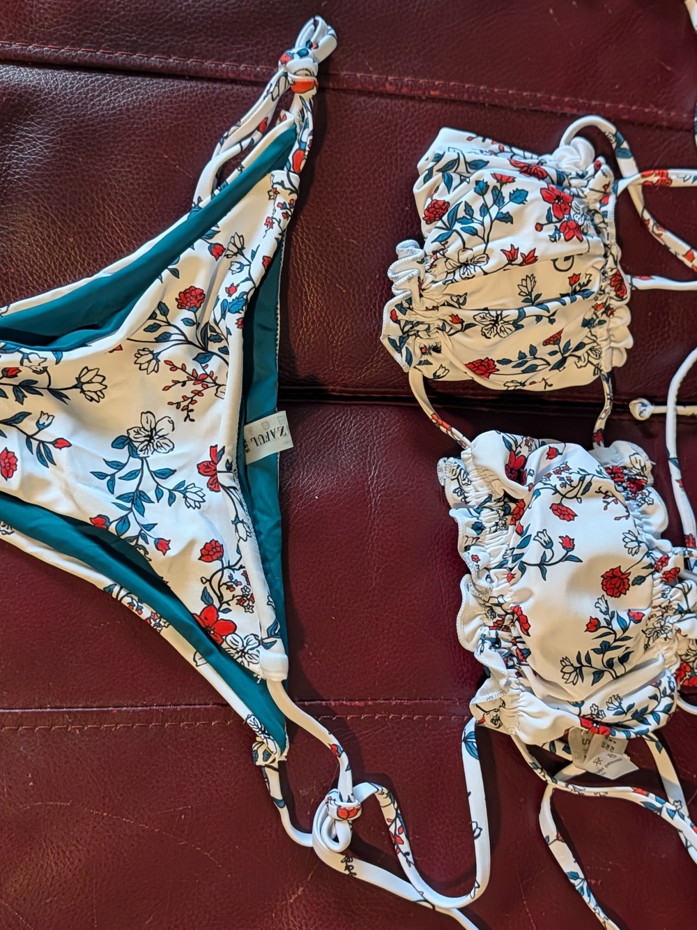 Floral Print Two-Piece Swim Set - White with Teal & Red Accents